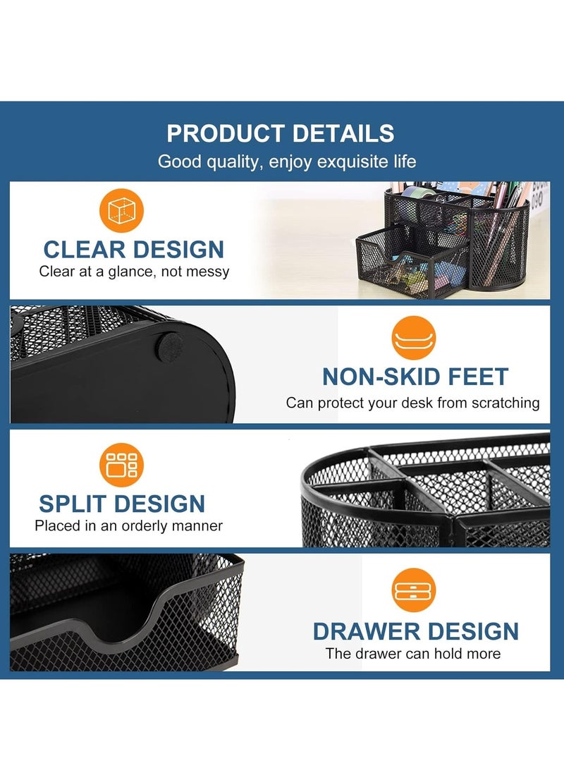 KIIUMI - Mesh Desk Organiser Large Capacity,Desk Tidy Metal Pen Holder with 9 Compartments and 1 Drawer, Multi-functional Stationery Storage Container Box for Kids,Home, Office, School - Image 1