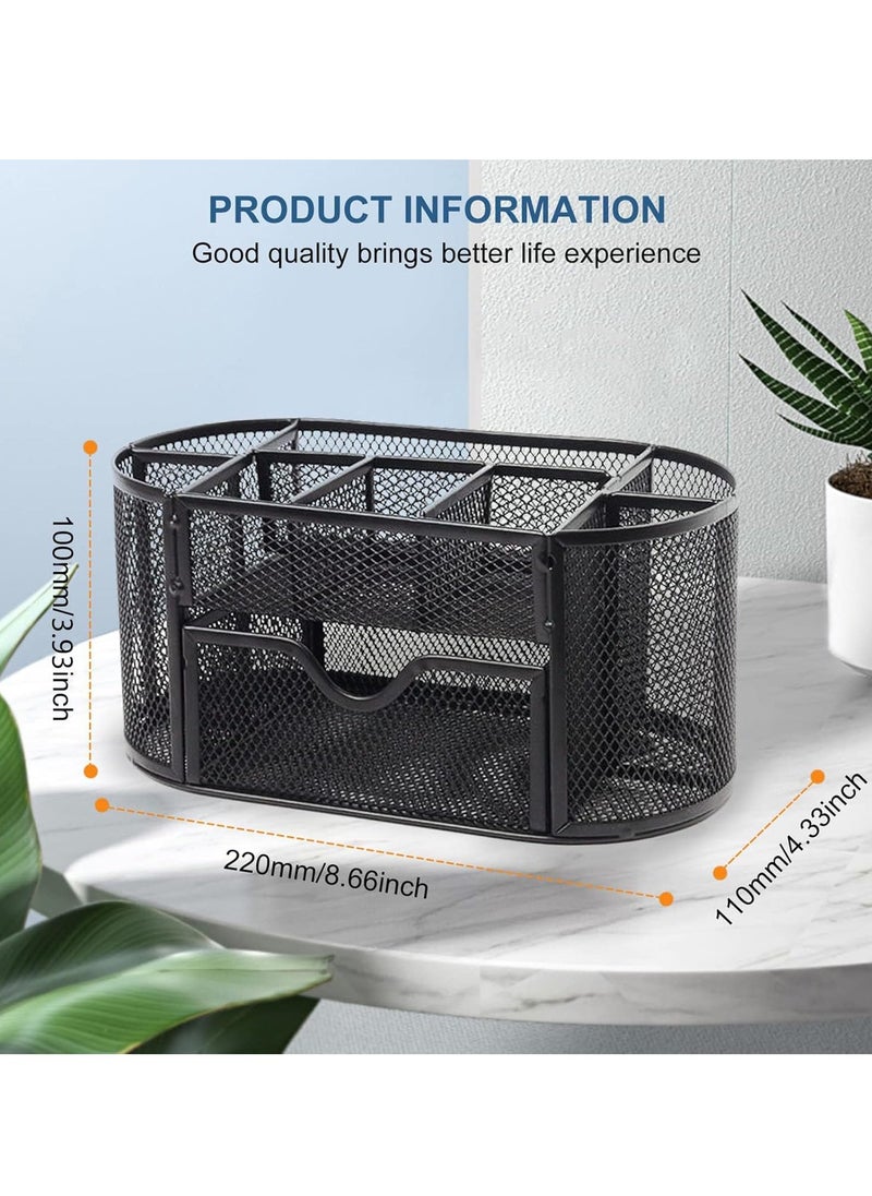 KIIUMI - Mesh Desk Organiser Large Capacity,Desk Tidy Metal Pen Holder with 9 Compartments and 1 Drawer, Multi-functional Stationery Storage Container Box for Kids,Home, Office, School - Image 1