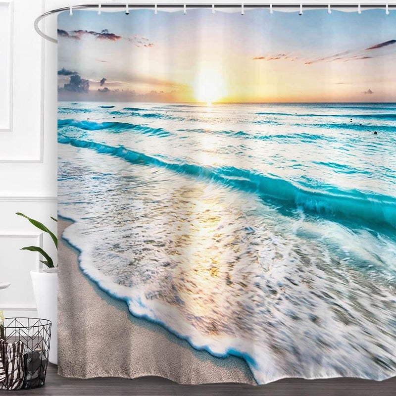 Baccessor Tropical Sea Beach Ocean Waves Shower Curtain Seaside Scene Island Hawaiian Sunrise Beach Theme Waterproof Fabric Shower Curtain with Hooks,72" W x 72" H (180CM x 180CM) - Sea Sunrise - Image 1