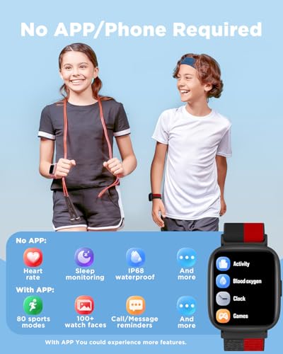 BIGGERFIVE Smart Watch for Kids, 1.8" Fitness Tracker Watch Pedometer, Heart Rate, IP68 Waterproof, Sleep Monitor, Calorie Step Counter, Puzzle Game with/Without APP for Girls Boys Teens 5-16, Nylon - Image 2