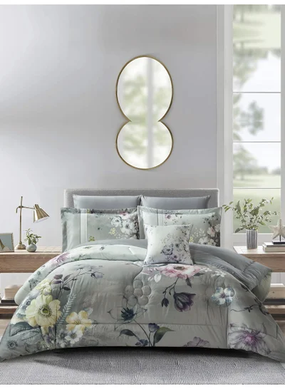 Donetella Bedding Comforter Set, King Size Fits 200x200 cm - 7-Pcs Digital Print Quilted Bed Set, Microfiber Fabric - 1 Comforter, 1 Fitted Sheet, 2 Pillow Shams, 2 Pillowcases 1 Cushion Cover.