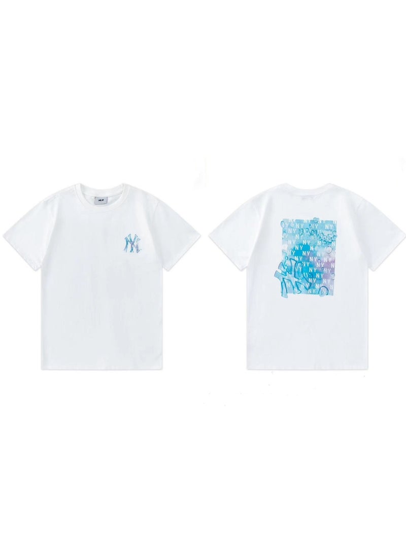 MLB Ice Blue Water Drop NY Front Back Graphic White Unisex Cotton T-shirt-S - Image 1