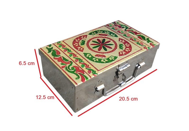 GinoSet® Stainless Steel Storage Box, Cash Box, Pooja Peti, Organizer, Vanity Storage Box, Jewellery Safe Bank Locker, Cash Box With Handicrafts Digital Meena Kari Design (Red, 8 Inch) - Image 2