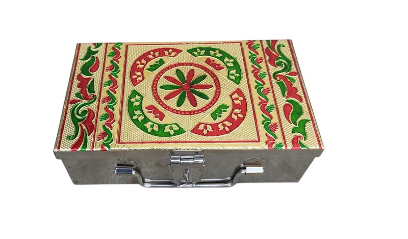 GinoSet® Stainless Steel Storage Box, Cash Box, Pooja Peti, Organizer, Vanity Storage Box, Jewellery Safe Bank Locker, Cash Box With Handicrafts Digital Meena Kari Design (Red, 8 Inch) - Image 4