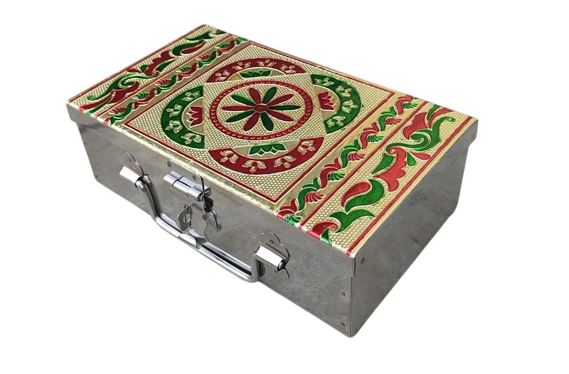 GinoSet® Stainless Steel Storage Box, Cash Box, Pooja Peti, Organizer, Vanity Storage Box, Jewellery Safe Bank Locker, Cash Box With Handicrafts Digital Meena Kari Design (Red, 8 Inch) - Image 3