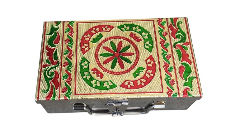 GinoSet® Stainless Steel Storage Box, Cash Box, Pooja Peti, Organizer, Vanity Storage Box, Jewellery Safe Bank Locker, Cash Box With Handicrafts Digital Meena Kari Design (Red, 8 Inch) - Image 1