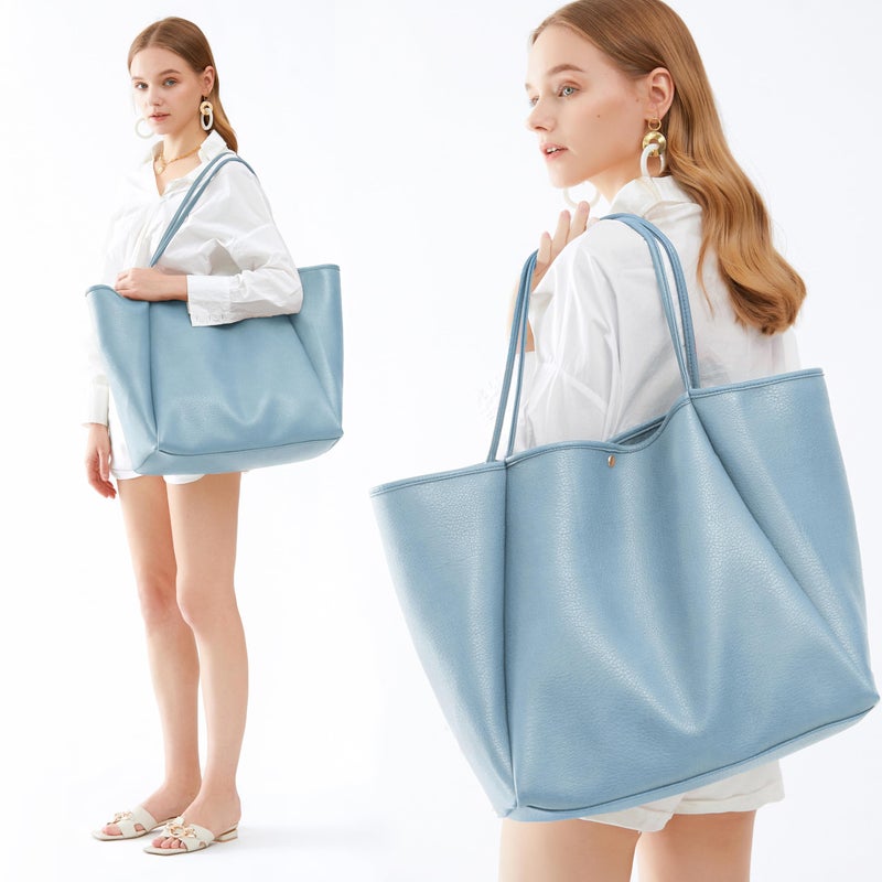 HOXIS Oversize Pu Leather Tote Women Weekender Bag Shopper Handbag Travel Purse (Dusty Blue) - Image 2