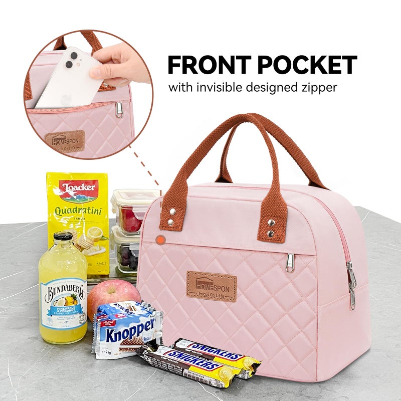 HOMESPON Insulated Lunch Bag for Women Men Adults Lunch Tote with Front Pocket Lunch Box Container Cooler Bag for Work Picnic (Pink) - Image 2