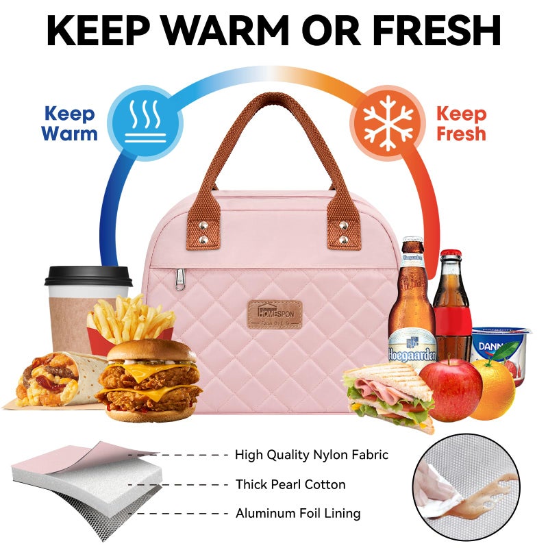 HOMESPON Insulated Lunch Bag for Women Men Adults Lunch Tote with Front Pocket Lunch Box Container Cooler Bag for Work Picnic (Pink) - Image 4