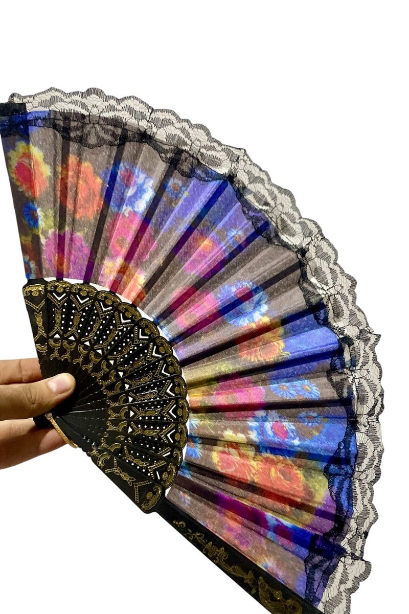 Folding Fan, Style Handheld Fan with Fabric Plastic Frame for Wedding Party Dancing - Image 2