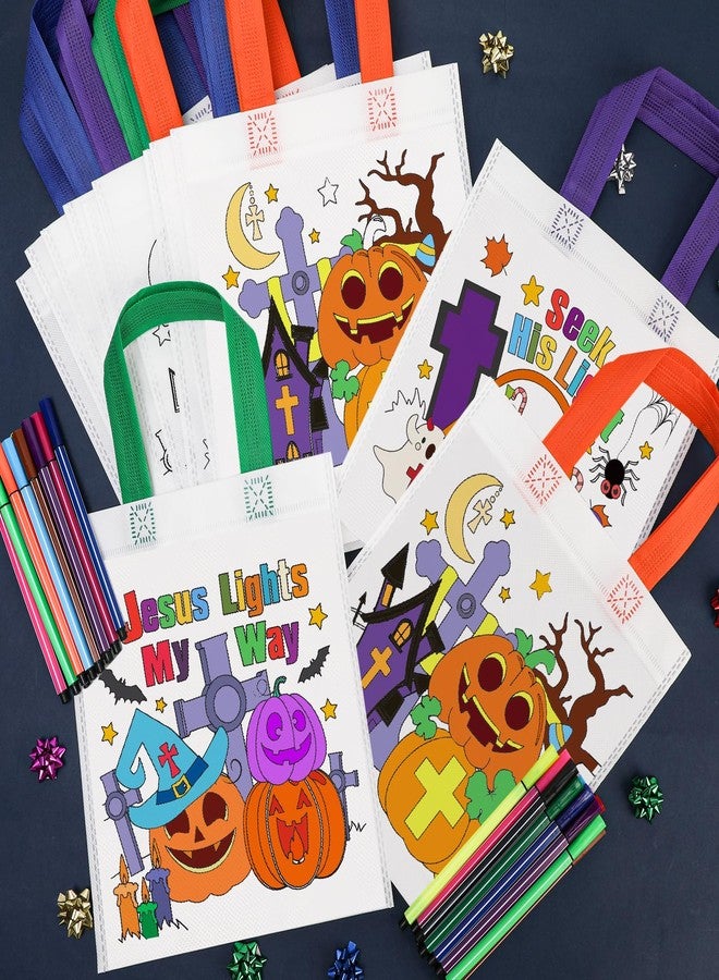 HOWAF 12pcs Christian Halloween Coloring Goodie Bags with Pens for Kids, Religious Halloween Coloring Candy Bags Jesus Pumpkins Colouring Gift Bag Reusable Canvas Bag Party Favors Colouring - Image 4