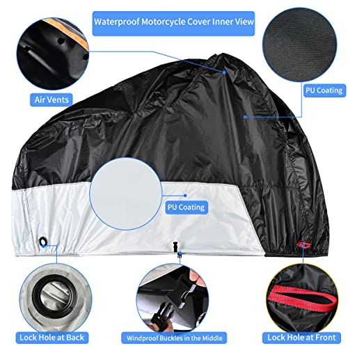 Coverado Motorcycle Cover, Coverado Motorcycle Covers Waterproof Outdoor Storage with Lockholes and Night Reflector, All Weather Waterproof Sun Protection Outdoor Scooter Cover Universal Fit Up to 93" Motors - Image 4