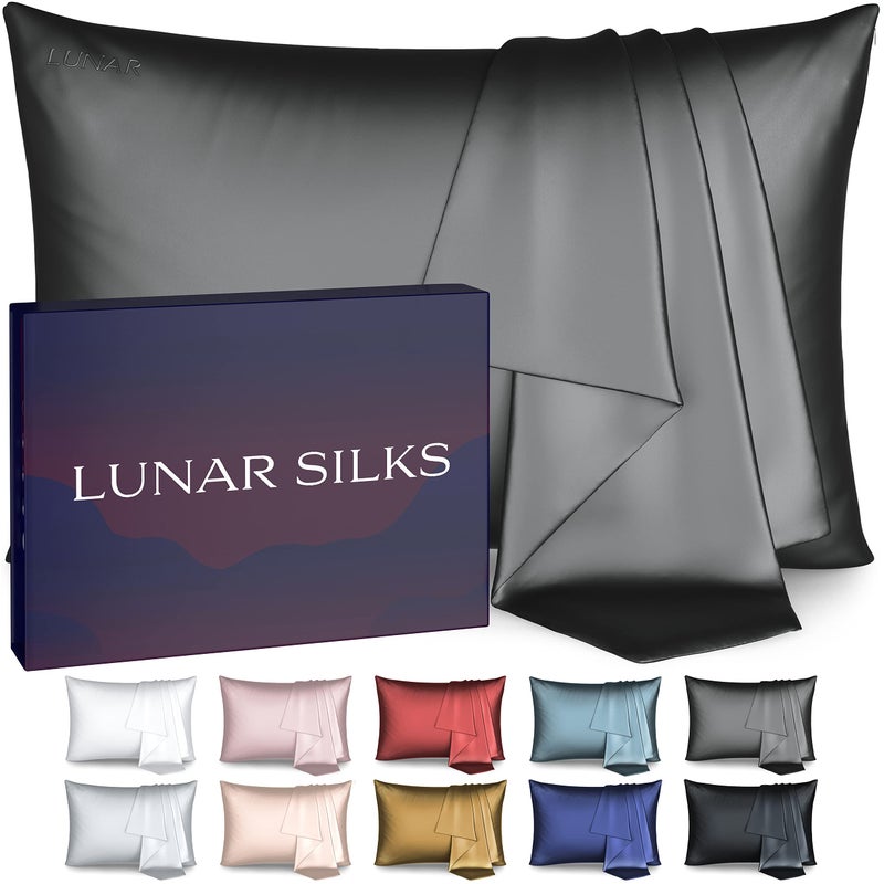 Lunar Silks Lunar Silks Highest Grade 6A 100 Pure Mulberry Real Silk Pillowcase 22 Momme Both Sides for Hair and Skin  Acne Free  1PC in Gift Box Slate Grey Queen 