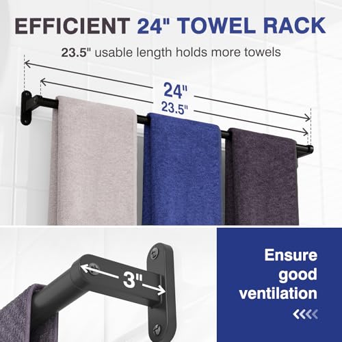 Powools Towel Rack for Bathroom - 24" Rustproof Towel Holder, Sturdy Towel Bar Wall Mounted, Space-Saving Towel Hanger, Bathroom Accessories, Home Decor, Apparment Essentials, Black - Image 3