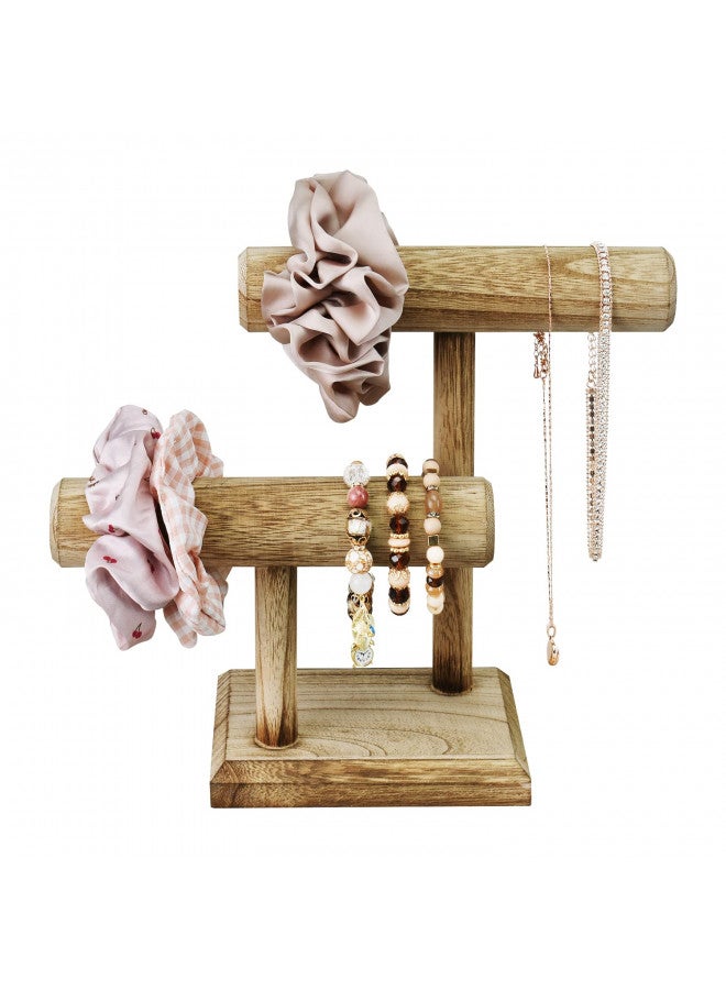 Ikee Design 2 Tier Wooden Jewelry Bracelet Watch Display Tower, Bangle Scrunchie Necklace Holder Storage Stand, Oak Color, 7.9 W x 4.3 D x 9.4 H in - Image 3