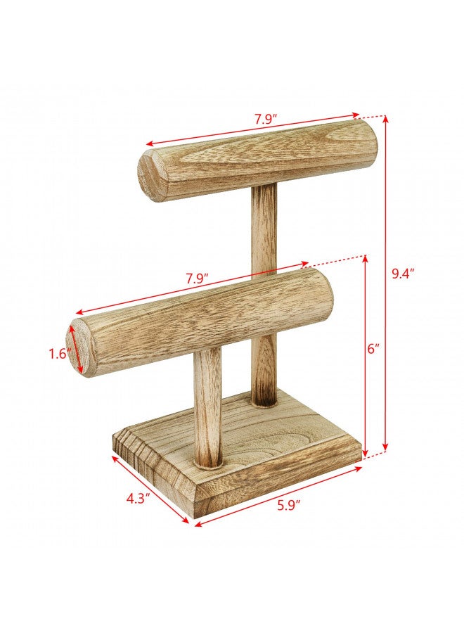 Ikee Design 2 Tier Wooden Jewelry Bracelet Watch Display Tower, Bangle Scrunchie Necklace Holder Storage Stand, Oak Color, 7.9 W x 4.3 D x 9.4 H in - Image 1