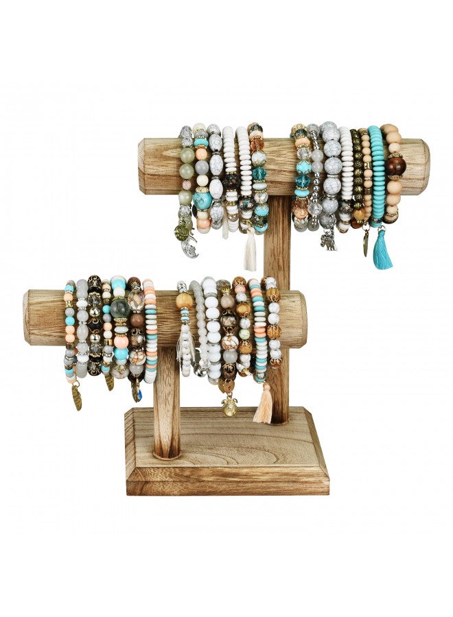 Ikee Design 2 Tier Wooden Jewelry Bracelet Watch Display Tower, Bangle Scrunchie Necklace Holder Storage Stand, Oak Color, 7.9 W x 4.3 D x 9.4 H in - Image 2