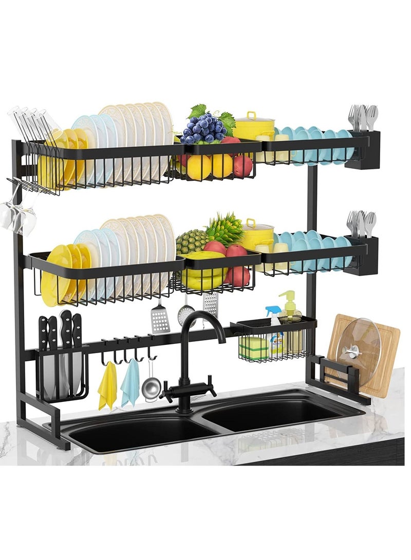منظم رف تجفيف الأطباق فوق الحوض باللون الأسود