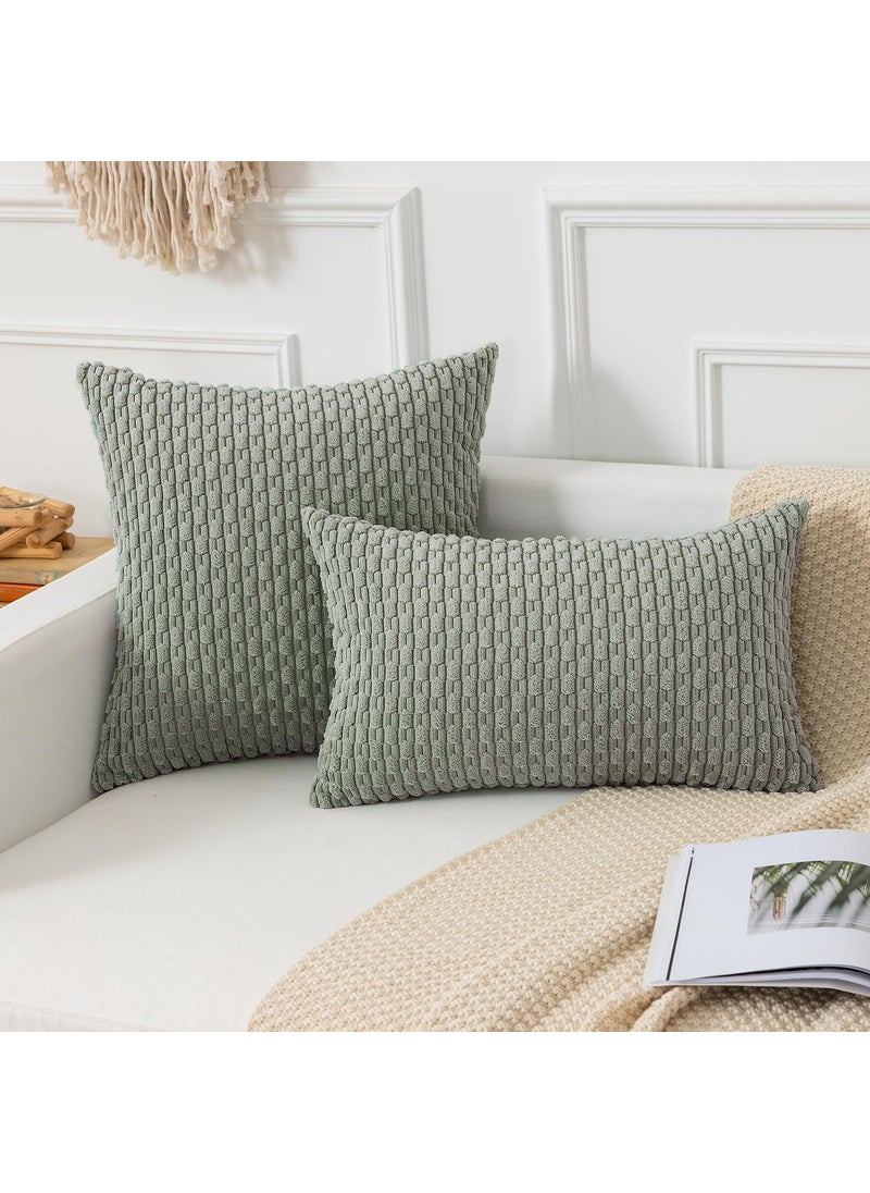K KEVIN TEXTILE Kevin Textile Throw Pillow Covers Soft Corduroy Decorative Set of 2 Boho Striped Pillow Covers Pillowcases Farmhouse Home Decor for Couch Bed Sofa Living Room 16x16 Inch Greyish Green  - Image 5