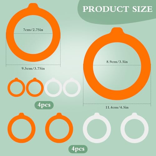 Notoke 8 PCS Silicone Jar Gaskets – 4x3.75" & 4x4.5" Rubber Seals Rings for Glass Jars, White & Orange Airtight Leakproof Replacement Gaskets for Mason Regular Mouth Canning Jars - Image 2