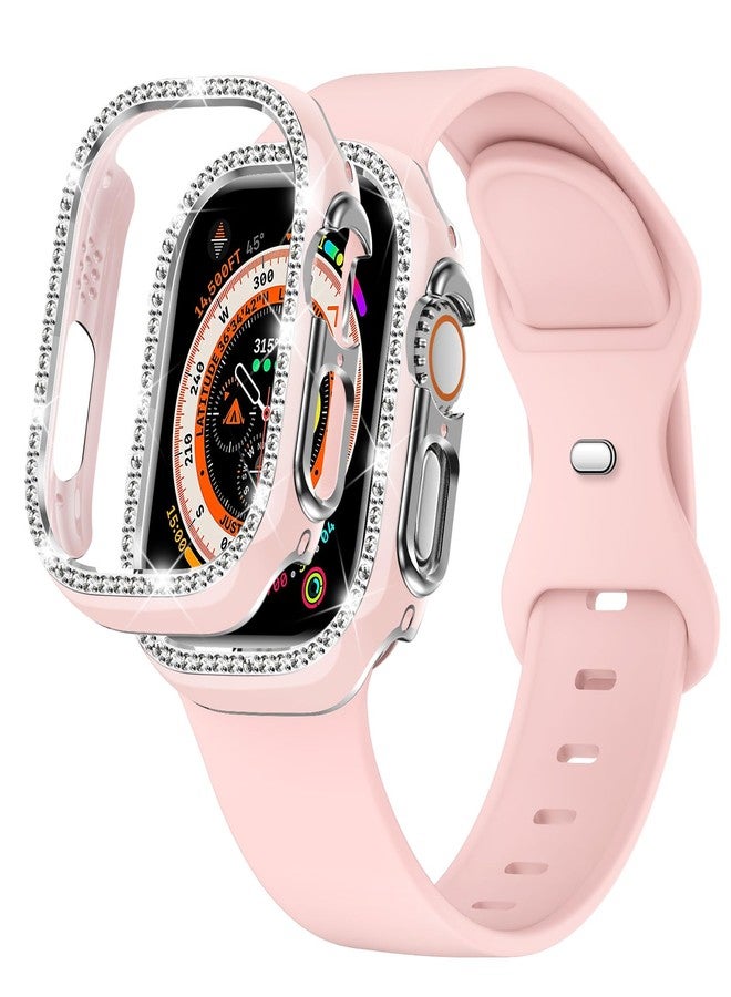 XYF Compatible for Pink Apple Watch Ultra 2 Bands 49mm Women with Bumper Case, Soft Silicone Strap Glitter Bling Face Cover for iWatch Ultra 2 SE Series 10 9 8 7 6 5 4 3 2 1 (Pinksand, 49) - Image 1