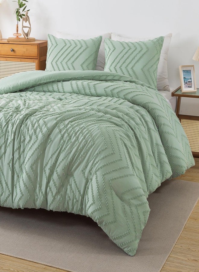 Andency Sage Green Comforter Full, Boho Soft Fluffy Warm Lightweight Bedding Comforter Sets for Full Bed, 3 Pieces Light Green Chevron Tufted Aesthetic Microfiber Lightweight Comforter Set - Image 1