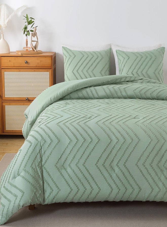 Andency Sage Green Comforter Full, Boho Soft Fluffy Warm Lightweight Bedding Comforter Sets for Full Bed, 3 Pieces Light Green Chevron Tufted Aesthetic Microfiber Lightweight Comforter Set - Image 3