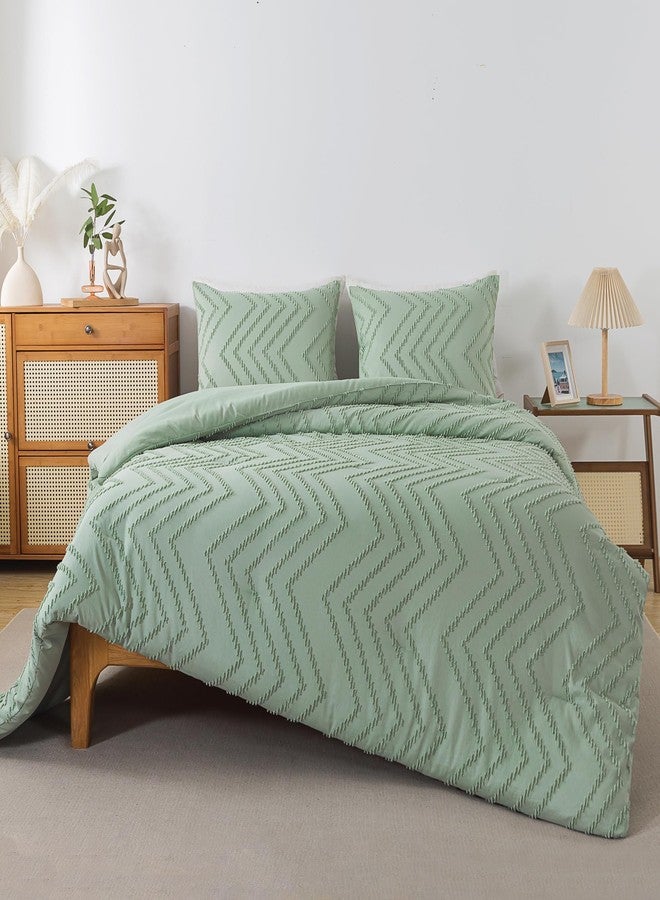 Andency Sage Green Comforter Full, Boho Soft Fluffy Warm Lightweight Bedding Comforter Sets for Full Bed, 3 Pieces Light Green Chevron Tufted Aesthetic Microfiber Lightweight Comforter Set - Image 2