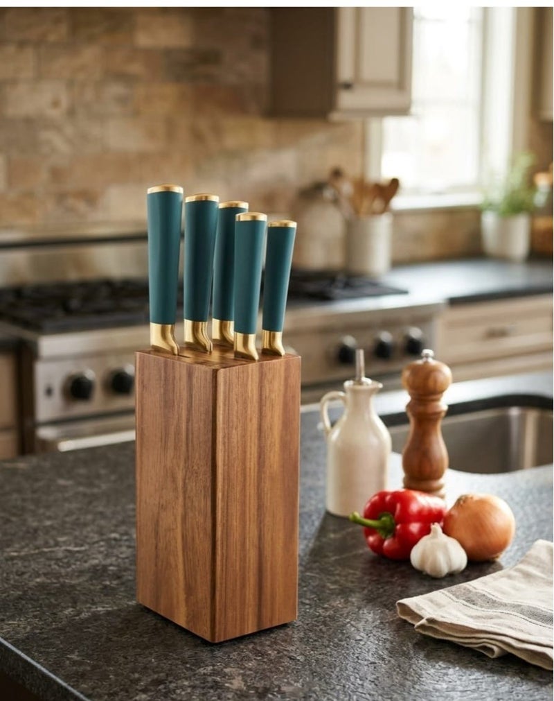 5-piece knife set + green wooden holder – High-quality kitchen tools