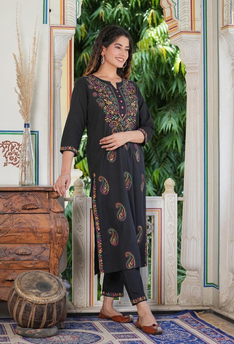 Yash Gallery Women's Cotton Black Chikankari Printed Straight Kurta with Pant Set (Black, XL), Regular Fit - Image 3