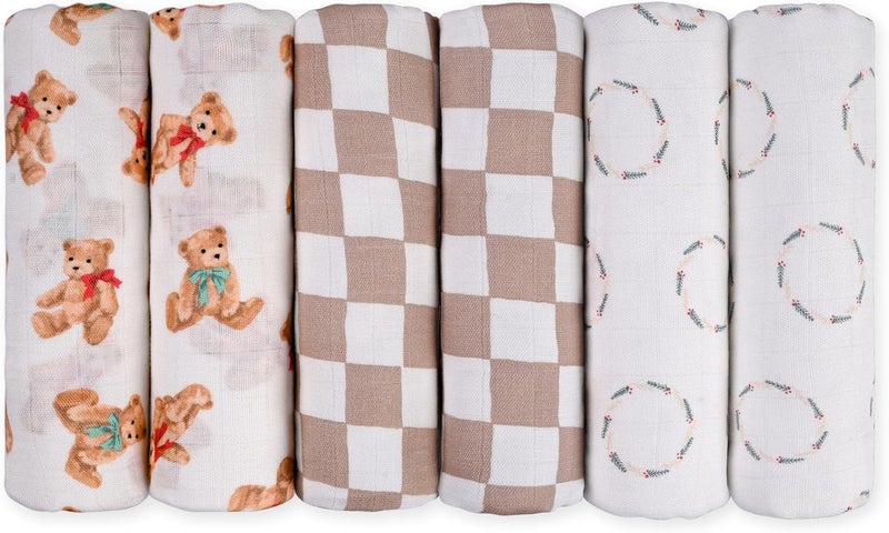 6 Pack Cotton Muslin Swaddle Blankets - Christmas Bear Design - Image 1