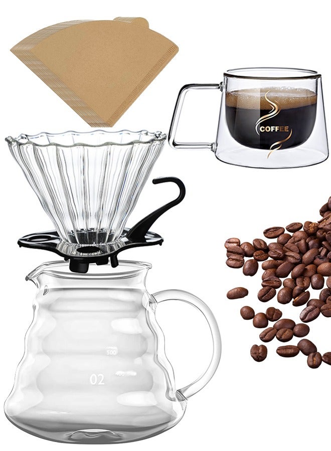 مجموعة ماكينة صنع القهوة V60، ماكينة صنع القهوة الزجاجية مع ورق فلتر وفنجان قهوة زجاجي مزدوج الطبقة - Image 1