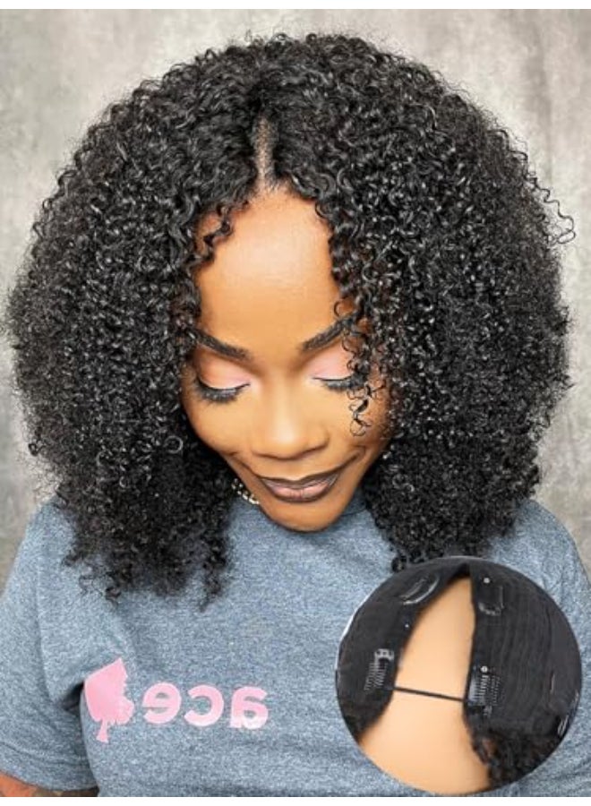ISEE V Part Human Hair Kinky Curly MinimalNo Leave Out Upgrade U Part Wig for Black Women Human Hair V Shape Wig Kinky Curly Thin Part Glueless Clip In Half Wig 180 Density Natural Color 18 Inch