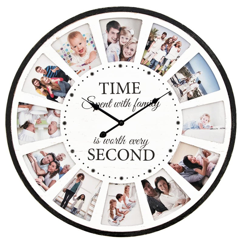 JUMBO HUMBLE 12 Photo Collage Family Wood Wall Clock Rustic Farmhouse Wall Clock Large Oversized Wall Clocks for Home Kitchen Living Room Silent Battery Powered 25 Inch White
