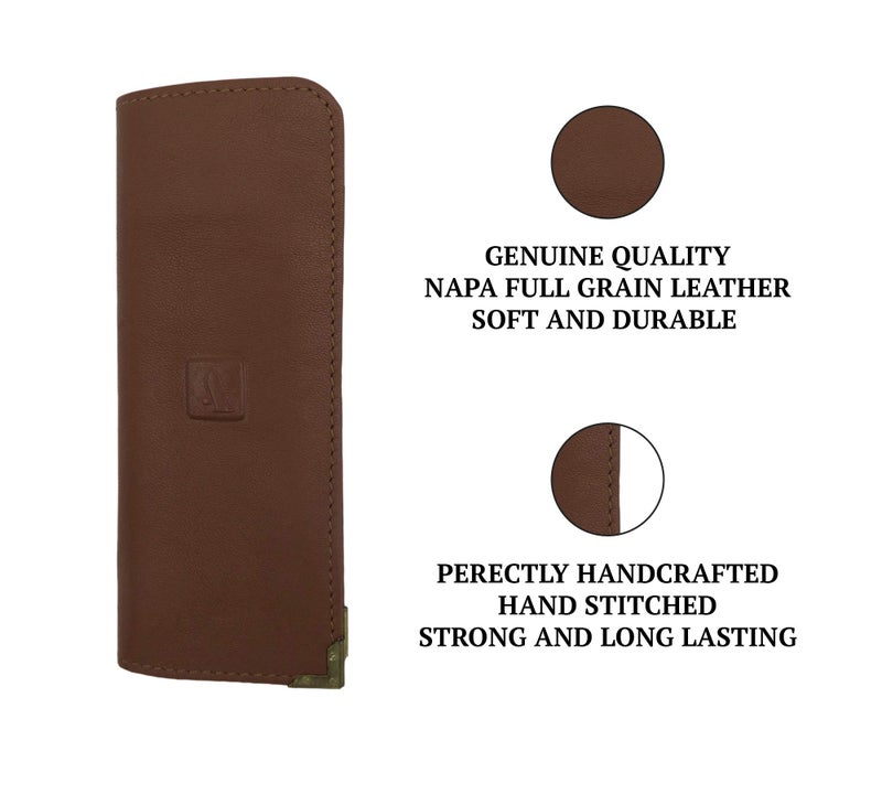 Adamis Genuine Leather Spectacles Soft Pouch for Men and Women Flexible And Durable For Sunglass Eyeglass And Reading Glass Holder compact size W43 Tan, Size 6 x 15 cm - Image 2