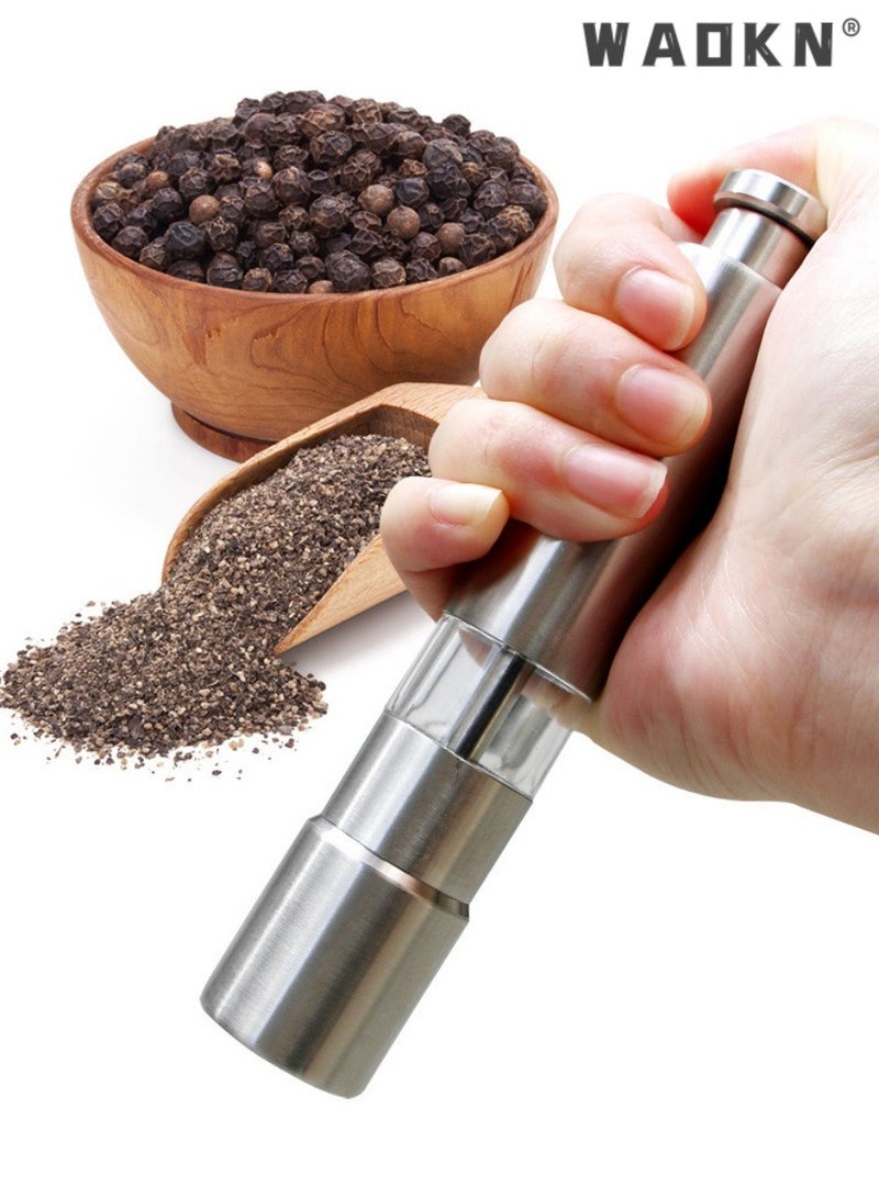 WAOKN Salt and Pepper Grinder, Glass Ceramic Grinder Stainless Steel Refillable Salt & Peppercorn Shakers Adjustable Coarseness Stainless Steel Push-type Manual Pepper Grinding Bottle - Image 1