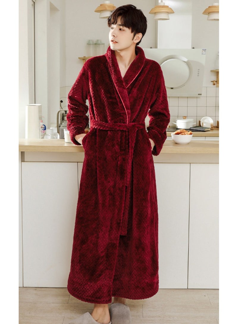 إسكدنيا Unisex Winter Long Thick Lapel Nightgown Coral Fleece Bathrobe Pajamas Wine Red  Unisex Winter Long Thick Lapel Nightgown Coral Fleece Bathrobe Pajamas Wine Red  جنس واحد الشتاء طويل سميكة اللباس الليلي اللباس الشعاب المرجانية الصوف رداء حمام بيجاما النبيذ الأحمر - Image 2