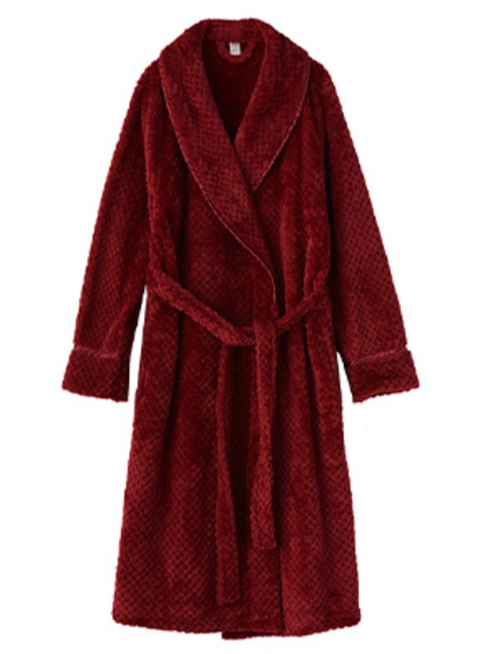 إسكدنيا Unisex Winter Long Thick Lapel Nightgown Coral Fleece Bathrobe Pajamas Wine Red  Unisex Winter Long Thick Lapel Nightgown Coral Fleece Bathrobe Pajamas Wine Red  جنس واحد الشتاء طويل سميكة اللباس الليلي اللباس الشعاب المرجانية الصوف رداء حمام بيجاما النبيذ الأحمر - Image 3