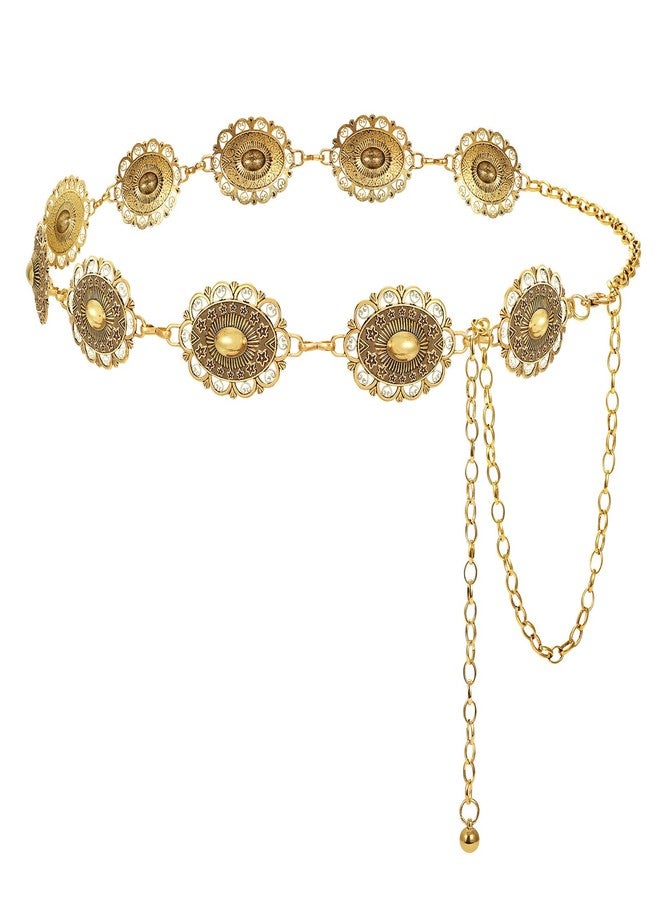 LEACOOLKEY Western Metal Concho Belt for Women Cowgirl Boho Waist Chain Belt for Dresses Jeans Pants, Gold - Image 1