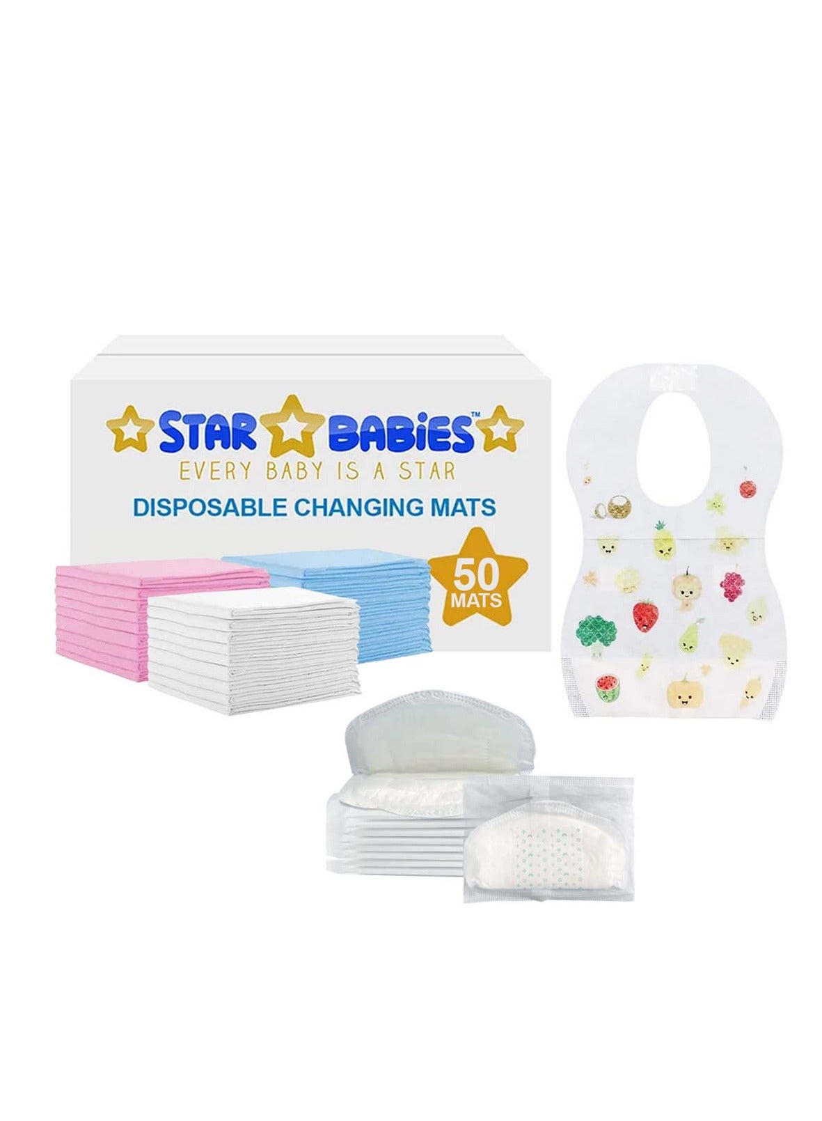 Star Babies Combo Pack (Disposable Changing mat 50pcs, Disposable Bibs 50pcs with  Disposable Breast Pad 10pcs) - Assorted