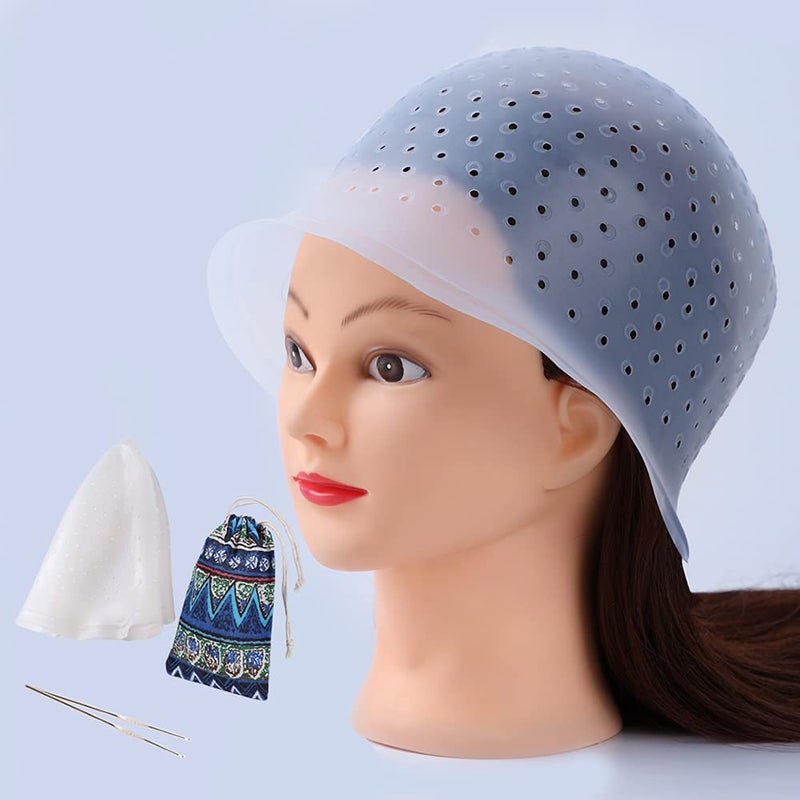 MILANGE Prepunched Highlight Cap 2 Sets White and Blue Open Holes Reusable Silicone Hair Highlighting Dye Cap with Hook Hair Caps for Highlights Professional Tipping Caps for Home and Salon Use