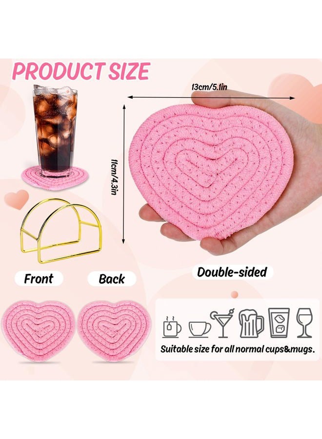 Whaline Pink White Heart Cotton Coasters Love Heart Shape Handmade Braided Drink Coasters Absorbent Cup Mats with Holder for Valentine's Day Mother's Day Party Home Decor, Set of 4 - Image 2