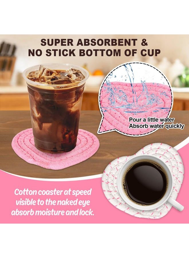 Whaline Pink White Heart Cotton Coasters Love Heart Shape Handmade Braided Drink Coasters Absorbent Cup Mats with Holder for Valentine's Day Mother's Day Party Home Decor, Set of 4 - Image 3