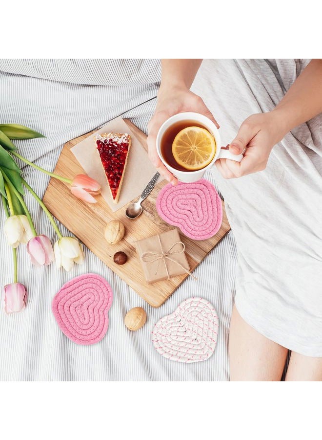 Whaline Pink White Heart Cotton Coasters Love Heart Shape Handmade Braided Drink Coasters Absorbent Cup Mats with Holder for Valentine's Day Mother's Day Party Home Decor, Set of 4 - Image 5