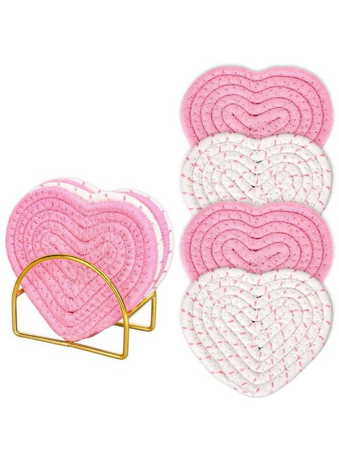 Whaline Pink White Heart Cotton Coasters Love Heart Shape Handmade Braided Drink Coasters Absorbent Cup Mats with Holder for Valentine's Day Mother's Day Party Home Decor, Set of 4 - Image 1