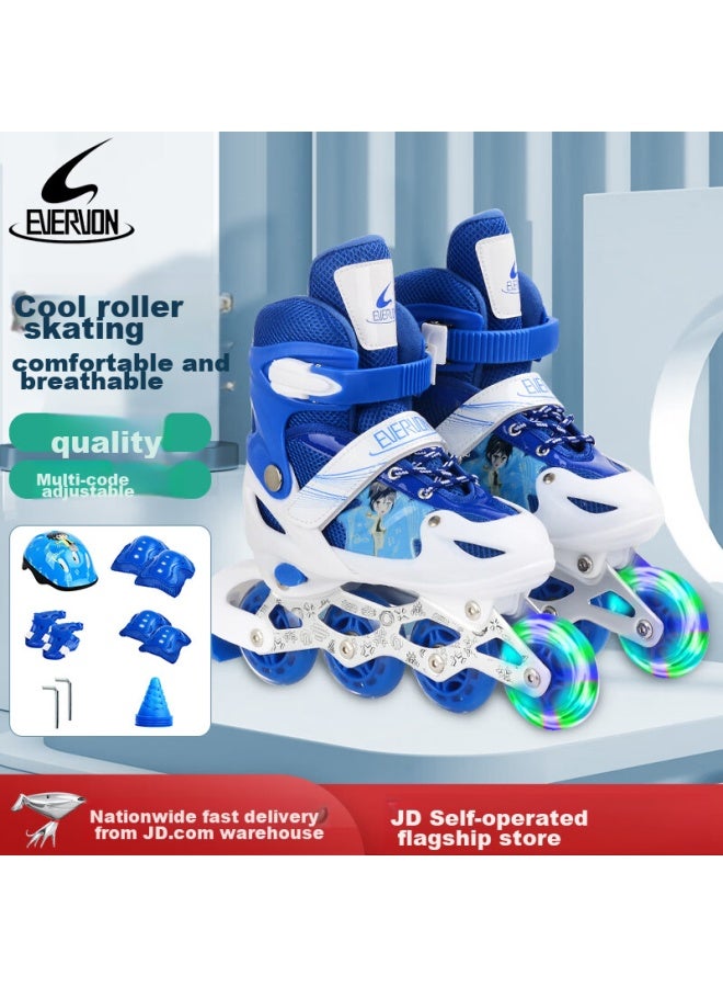 Evervon Roller Skates For Children, Inline Skates For Boys And Girls, Roller Skates 337 Blue With Protective Gear And Helmet, Size M Fits 35-38 - Image 1