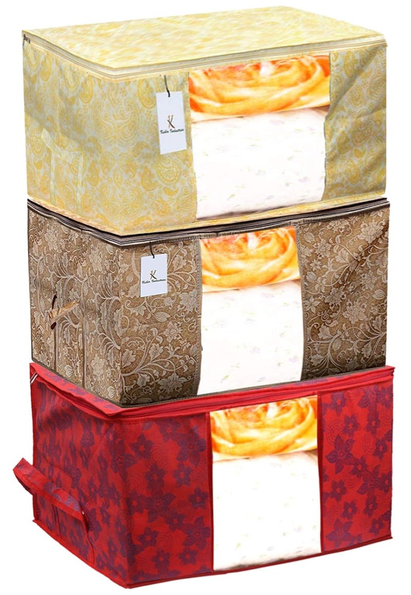 Kuber Industries Heart Home Metalic Printed 3 Piece Non Woven Fabric Underbed Storage Bag Cloth Organiser Blanket Cover with Transparent Window Gold Red Beige HEART5578 - Image 1