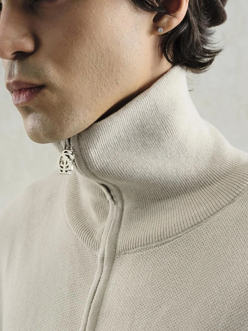 Giesto Beige Natural GIESTO  Ribbed Knit Sweater with Zipper Collar for Men | Best Price UAE