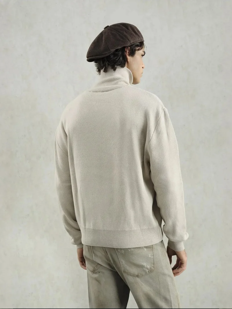 Giesto Beige Natural GIESTO  Ribbed Knit Sweater with Zipper Collar for Men | Best Price UAE