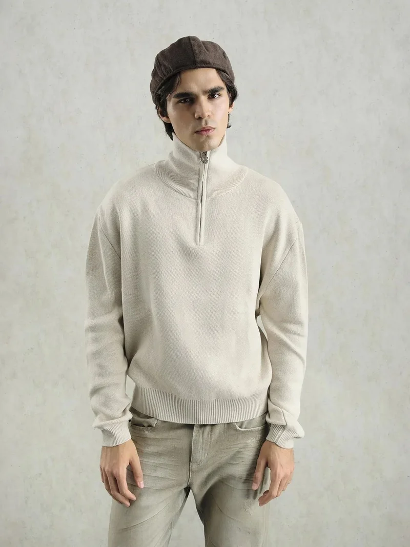 Giesto Beige Natural GIESTO  Ribbed Knit Sweater with Zipper Collar for Men | Best Price UAE